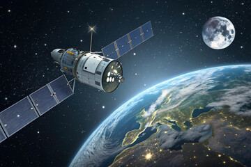 Sleek High-Tech Artificial Satellite Orbiting Earth Amid Twinkling Stars