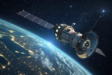 Sleek High-Tech Artificial Satellite Orbiting Earth Amid Twinkling Stars