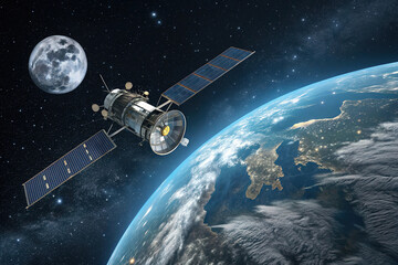 Sleek High-Tech Artificial Satellite Orbiting Earth Amid Twinkling Stars