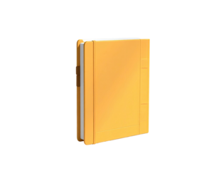 3D render of a closed, upright, yellow folder with a side tab