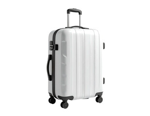 Glossy, upright, white travel suitcase with a retractable handle, against black