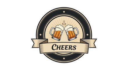 Fun cartoon beer cheers with mug and pint glass, droplets flying in amber tones, ideal for festive clipart packs and bar menus.