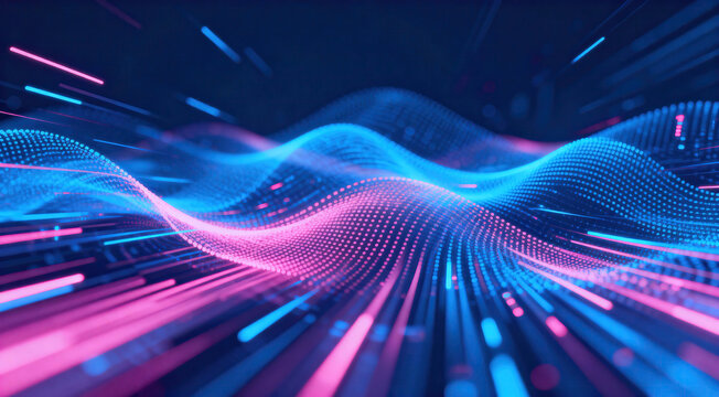 Displaying vibrant blue and pink abstract wave patterns, representing a futuristic digital technology concept. - Powered by Adobe