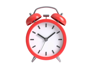 A bright red alarm clock with a white face, set against a black background