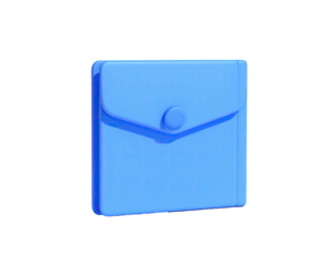 A bright blue, stylized pocket on a dark background. Button detail. 3D render