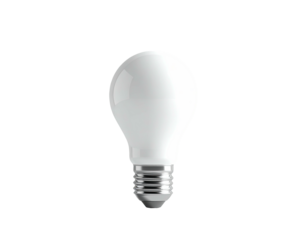 A shiny white light bulb isolated against a black background, 3/4 view