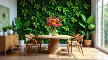Fototapeta premium A sunlit dining room features a round wooden table, light wood chairs, a vibrant floral arrangement, and a lush green living wall providing a tranquil and inviting atmosphere.