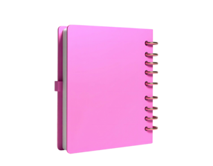 A closed pink notebook with spiral binding and a vertical strap