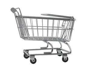 Metallic shopping cart, angled, with a detailed mesh structure on a black background