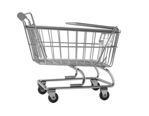 Metallic shopping cart, angled, with a detailed mesh structure on a black background
