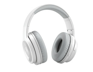 Over-ear wireless headphones, white with gray accents, isolated on black