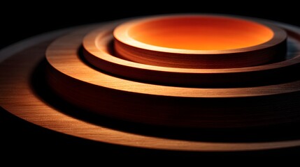 Fototapeta premium photograph presents a layered wooden structure with a warm, glowing core, highlighted by dramatic lighting against a dark backdrop, showcasing intricate details and a sense of depth, emanating a...