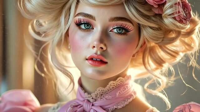 close up face portrait of 18th century girl wearing pretty gown with hat