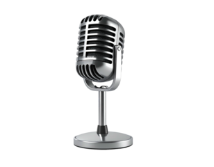 Shiny vintage microphone isolated on black. Classic silver recording device