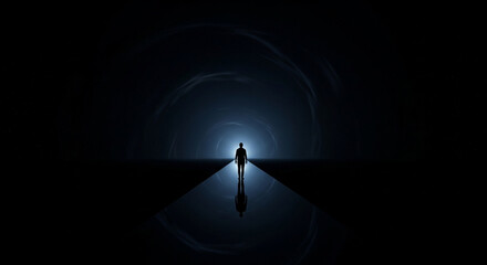 Silhouette man walking towards light concept dark background hope future inspiration journey ahead dreams