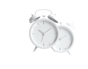 Two white alarm clocks with bells, hands showing time, set against a black background
