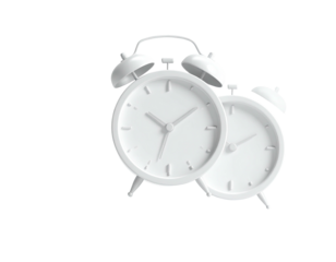 Two white alarm clocks with bells, hands showing time, set against a black background
