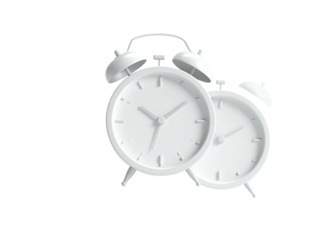 Two white alarm clocks with bells, hands showing time, set against a black background - Powered by Adobe