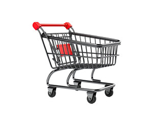 A 3D render of a metal shopping cart with red accents, isolated on black