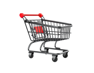 A 3D render of a metal shopping cart with red accents, isolated on black