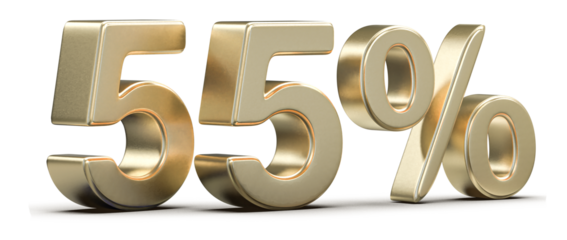 Golden 3D 55 Percent Sign for Sales, Discounts, and Promotions