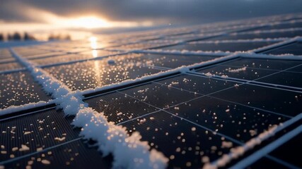 Close-up of solar panels covered with snow at sunrise, symbolizing renewable energy challenges, climate conditions, and sustainable power in winter environments