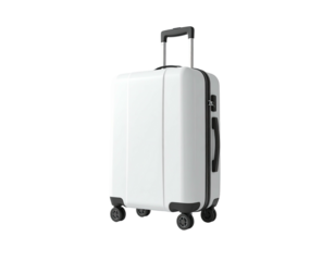 Modern white upright suitcase with extendable handle and four wheels on black background