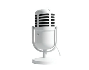 A vintage-style, white microphone, with a sleek design, stands isolated on black