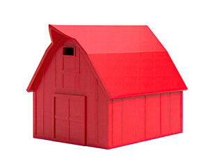 A bright red, simple, 3D-rendered barn on a transparent black background