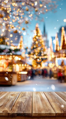 Blurry festive scene with a wooden table in the foreground, decorated Christmas tree and market stalls glowing with lights in the background