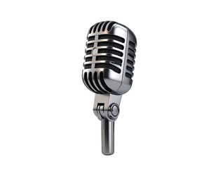 A chrome-colored, vintage microphone, set against a solid black background