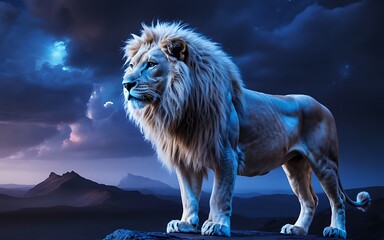 Majestic blue glowing spectral lion standing under a starry night sky with ethereal light
