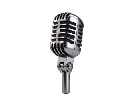 A chrome-colored, vintage microphone, set against a solid black background - Powered by Adobe