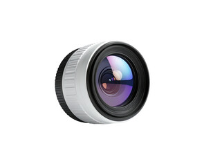 A close-up, isolated camera lens with reflective glass against a black background