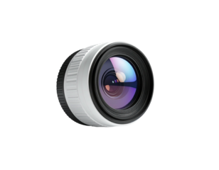 A close-up, isolated camera lens with reflective glass against a black background