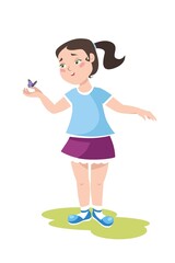 vector illustration of a full-length girl looking at a butterfly