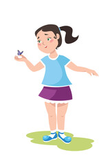 vector illustration of a full-length girl looking at a butterfly
