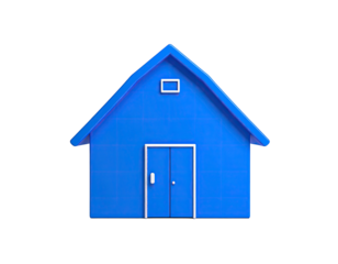 A clean, vibrant blue house icon with a simple design against a black background