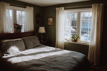 Cozy bedroom bathed in sunlight, featuring a bed, windows, and delicate lace curtains