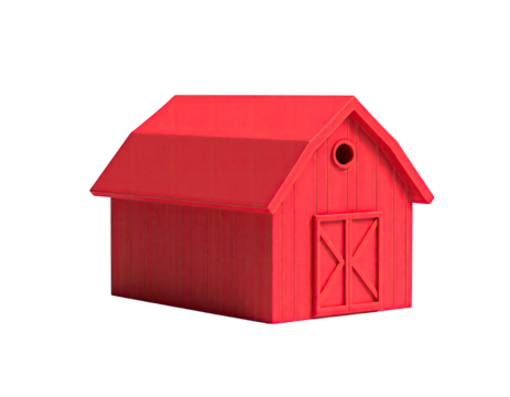 A minimalist, bright red barn rendered against a pure black background - Powered by Adobe