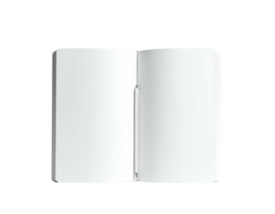 An open book with blank white pages, centered against a black background