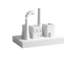 White factory model emitting smoke against a black background. 3D rendering