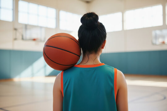 Woman holding basketball ball in gym - Powered by Adobe