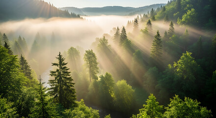 Misty Forest Valley with Sunlight Beams