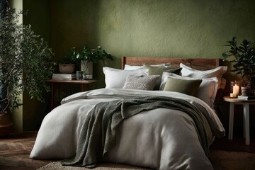 A cozy bedroom with a wooden bed, white and green bedding, and plants