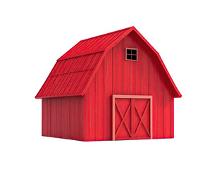 A bright red, gabled barn, featuring doors, a small window, and a metal roof