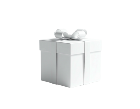 A minimalist white present box with a ribbon on top, isolated on a black background