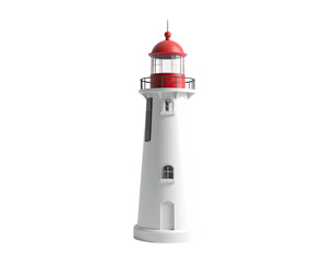 A tall, white lighthouse with a red top stands against a stark black background