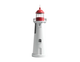 A tall, white lighthouse with a red top stands against a stark black background