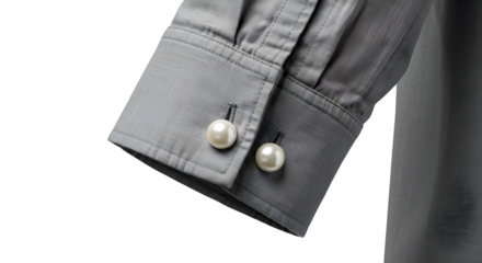 Gray textured shirt with pearl cufflinks shows fashion detail for social media, product photography.